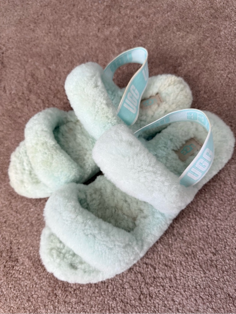 UGG Fluff Yeah Slingback Slippers Mint Green Furry Sandals
